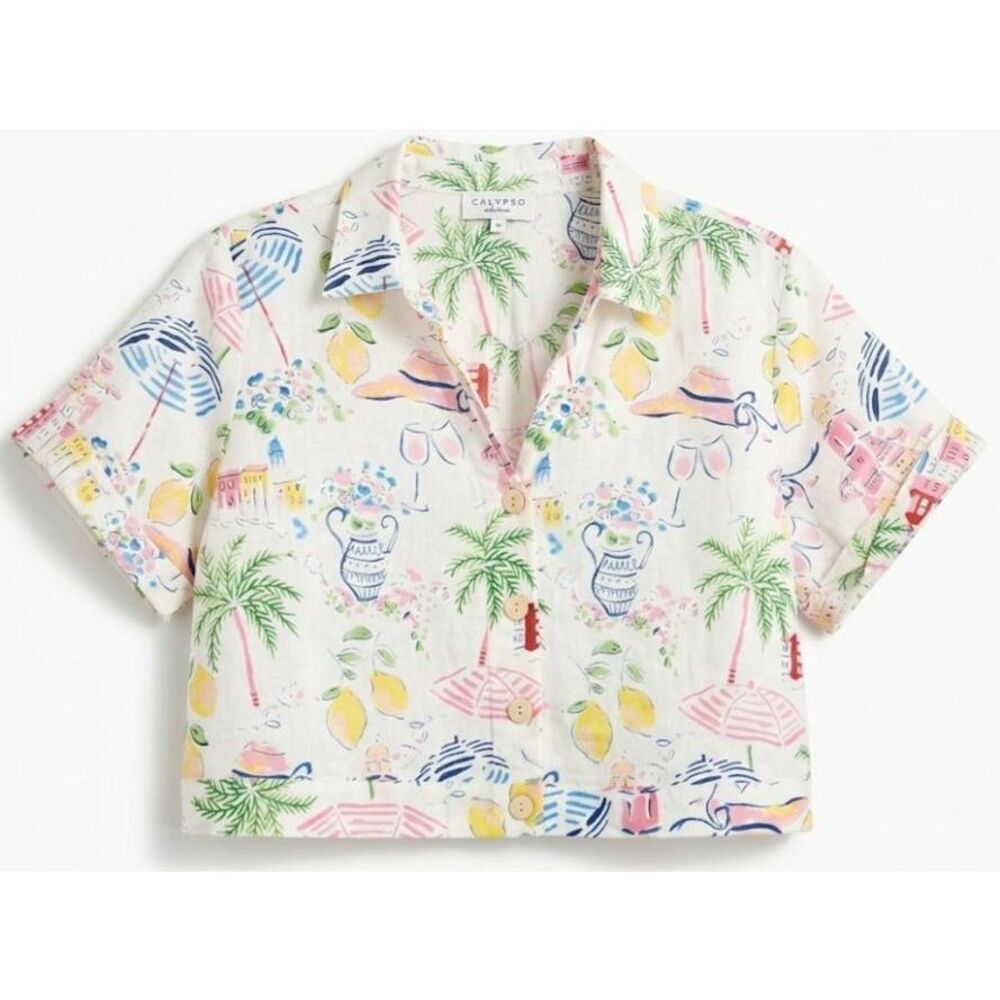Calypso st Barth womens medium linen boxy crop top cream green Hawaiian beach